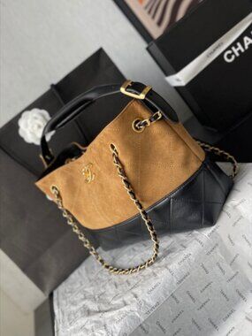 Authentic Chanel Two-Tone Camel Suede & Black Leather Hobo Tote Bag with Gold CC